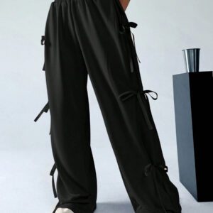 SHEIN EZwear Pantalon de jogging à la taille nouée avec nœud rose doux et charmant pour le printemps et l'été