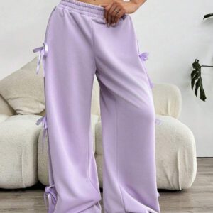 SHEIN EZwear Pantalon de jogging à la taille nouée avec nœud rose doux et charmant pour le printemps et l'été