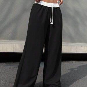 SHEIN EZwear Pantalon décontracté minimaliste avec lien à nouer à la taille, couleur unie