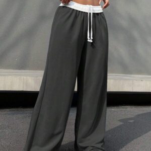 SHEIN EZwear Pantalon décontracté minimaliste avec lien à nouer à la taille, couleur unie
