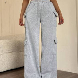 SHEIN PETITE Pantalon de survêtement ample et décontracté à taille haute et jambes larges avec plusieurs poches sur le côté. Simple, décontracté et confortable pour un port quotidien, printemps/automne
