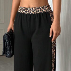 SHEIN Tall Pantalon large à détails de ceinture et rayures léopard contrastées, pantalon de survêtement pour femmes