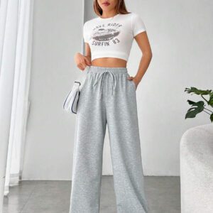 SHEIN EZwear Pantalon de survêtement casual ample avec cordon de serrage à la taille, couleur unie pour femmes