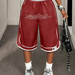 BamGleam Pantalon de survêtement ample à jambes larges avec imprimé lettres, taille large, décontracté, longueur 7/8 pour femmes