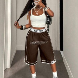 BamGleam Pantalon de survêtement ample à jambes larges avec imprimé lettres, taille large, décontracté, longueur 7/8 pour femmes