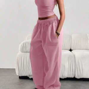 Pantalon de jogging ample et décontracté pour femmes de couleur unie avec cordon de serrage à la taille et poches