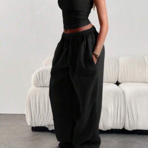 Pantalon de jogging ample et décontracté pour femmes de couleur unie avec cordon de serrage à la taille et poches