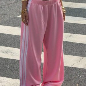 Muchica Pantalon de survêtement décontracté à jambes larges pour femmes avec rayures contrastantes, rose