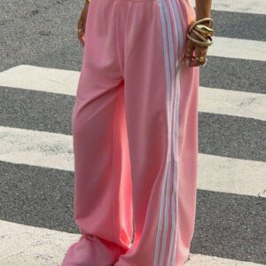 Muchica Pantalon de survêtement décontracté à jambes larges pour femmes avec rayures contrastantes, rose