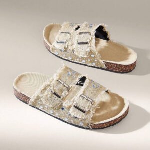 Solecia Chaussures femme à bout rond, à franges, avec boucles à double strass, plates, pour la vie quotidienne, les banquets, le transport et la mode polyvalente