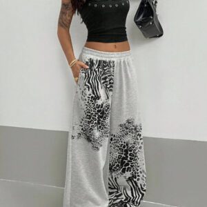 StreetHx Pantalon de jogging décontracté femme imprimé léopard gris clair, style streetwear oversize punk Y2K baddie, idéal pour l'école et les trajets quotidiens