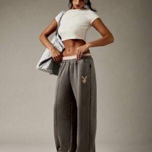 Missguided x Playboy Pantalon de jogging ample et ample, taille haute, style de rue, survêtement automne hiver, pantalon décontracté