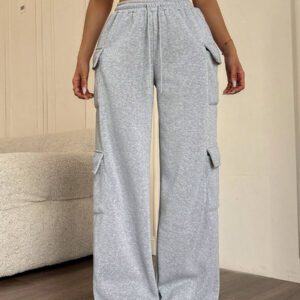 SHEIN PETITE Pantalon de survêtement ample et décontracté à taille haute et jambes larges avec plusieurs poches sur le côté. Simple, décontracté et confortable pour un port quotidien, printemps/automne
