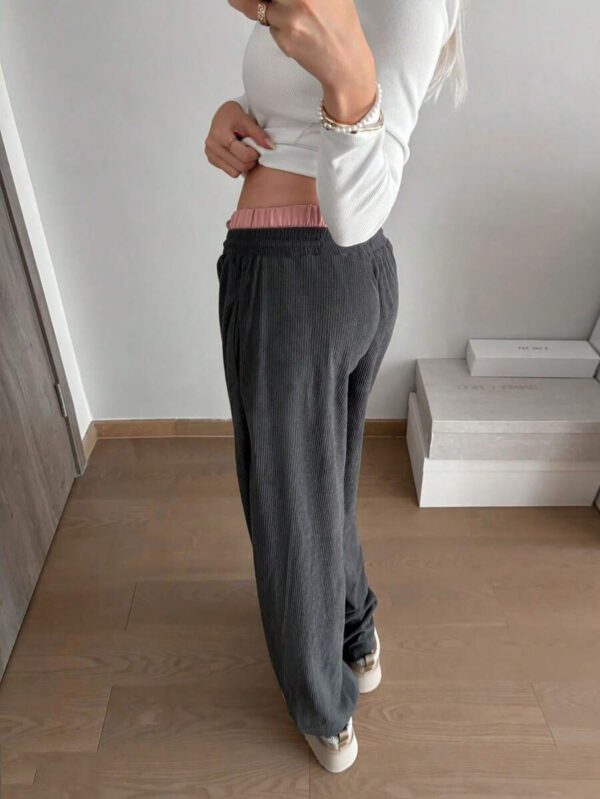 Aloruh Pantalon palazzo style casual/navette avec taille élastique en velours contrastant, ample et à longueur cheville – Image 3