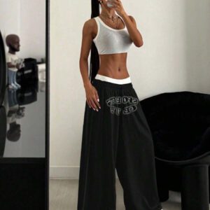 StreetHx Pantalon de survêtement ample à imprimé anglais, style décontracté streetwear pour femmes