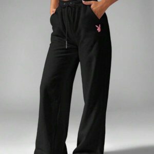 Missguided x Playboy MISSGUIDED Pantalon de jogging à jambes larges Pantalon d'intérieur Pantalon taille haute Stretch Décontracté Automne Hiver Bas