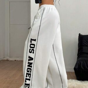 Coolane Pantalon de survêtement à jambes larges avec graphiques et passepoil contrastants, tenue sportive d'été pour femmes
