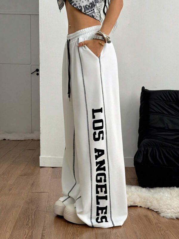 Coolane Pantalon de survêtement à jambes larges avec graphiques et passepoil contrastants, tenue sportive d'été pour femmes – Image 11