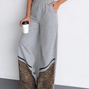 RueChic Pantalon de jogging ample et décontracté pour femme, coupe ample et relax, motif léopard avec lien contrastant, idéal pour le week-end