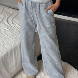 SHEIN EZwear Pantalon décontracté ample à jambes larges avec cordon de serrage, en tricot gris pour femmes