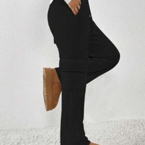 SHEIN PETITE Pantalon de survêtement casual gris à taille à cordon, avec des poches latérales, des rabats de poches et une jambe droite. Coupe longue pour femmes de petite taille, automne/hiver