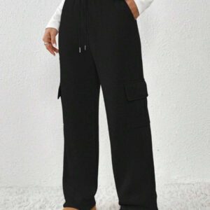 SHEIN PETITE Pantalon de survêtement casual gris à taille à cordon, avec des poches latérales, des rabats de poches et une jambe droite. Coupe longue pour femmes de petite taille, automne/hiver