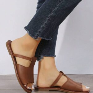 Sandales Plates Décontractées Pour Femmes, Chaussures À Glissière Noires À Bout Rond Ouvert, Antidérapantes Pour Plage Et Extérieur