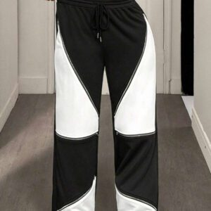 BamGleam Pantalon de survêtement décontracté ample pour femmes avec cordon de serrage à la taille, poches zippées et couleurs contrastées