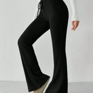 SHEIN Tall Pantalon de survêtement décontracté à taille basse avec cordon de serrage, taille élastique en jersey à gaufre, jambes évasées