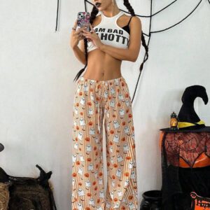 Flirla Pantalon large à cordon de serrage avec imprimé rayé pour femmes