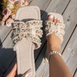 WRCVS Sandales plates pour femmes brodées avec perle creuse, motif floral aléatoire, sandales bohèmes pour les fêtes et les vacances en extérieur
