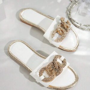 Sandales plates de mode à chaîne dorée avec bout rond pour femmes, confortables sandales décontractées à bout ouvert convenant pour l'extérieur, la plage et les fêtes