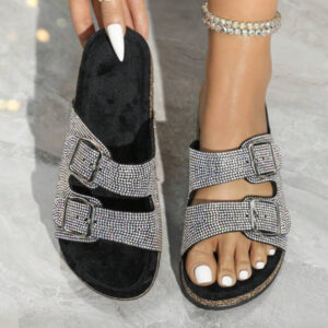 Mules femme grande taille avec nœud papillon, sandales à semelle épaisse en sequins noirs doux et moelleux, convenant pour la maison, l'extérieur, les vacances, les fêtes, la plage