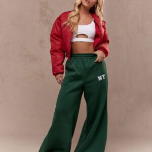 MISSGUIDED Pantalon de survêtement à jambes extra larges et longues, style universitaire et athlétique, avec logo flammé Varsity NY, taille élastique, taille haute, pour l'automne et l'hiver, pour le sport et le détente