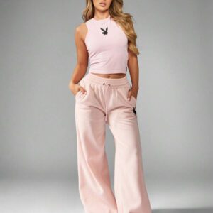 Missguided x Playboy MISSGUIDED Pantalon de survêtement à jambes évasées, pantalon ample de palazzo, lounge-wear avec cordon de serrage, confortable, taille élastique, pantalon douillet pour l'automne et l'hiver