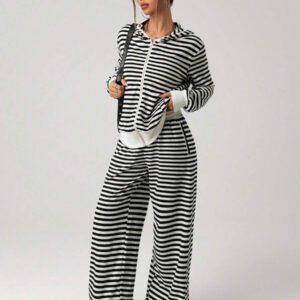 SHEIN ICON Pantalon de survêtement casual ample à rayures noires et blanches extra-longues