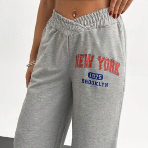 SHEIN Pantalon de survêtement grande taille pour femme à taille haute, détail de garniture à deux fils, jambe large