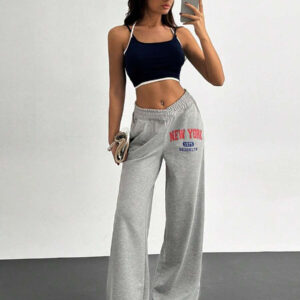 SHEIN Pantalon de survêtement grande taille pour femme à taille haute, détail de garniture à deux fils, jambe large