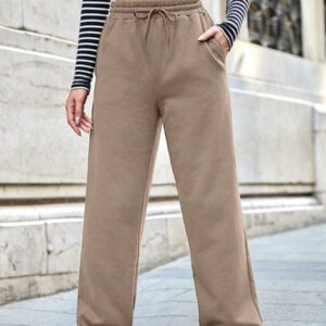 RueChic Pantalon à jambes larges avec détails de perles de couleur unie