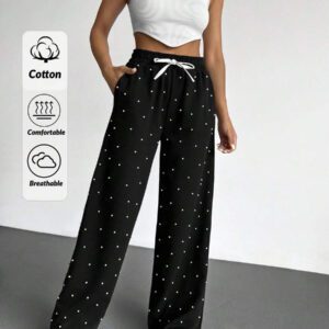 RueChic Pantalon à jambes larges avec détails de perles de couleur unie