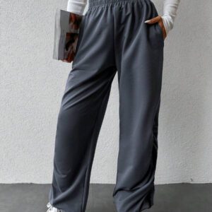 RueChic Pantalon de jogging à taille élastique unicolore avec poches en biais et côtés froncés