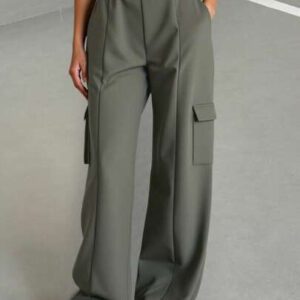 SHEIN Femmes, Printemps, Automne, Poches, Pantalon de survêtement, Longueur longue, Ceinture élastique, Kaki, Tissu doux, Confortable, Viscose, Respirant