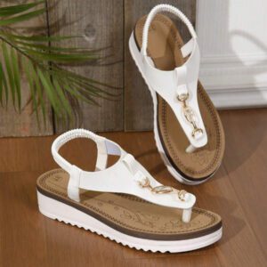 Sandales compensées à plateforme de couleur unie avec décoration de bouton doré, style casual et de vacances pour femmes