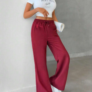 SHEIN Femmes, Automne, Pantalon de survêtement, Jambe large, Bordeaux, Poche, Cordon de serrage, Longueur longue