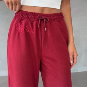 SHEIN Femmes, Automne, Pantalon de survêtement, Jambe large, Bordeaux, Poche, Cordon de serrage, Longueur longue