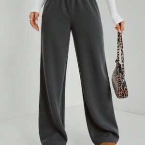 SHEIN Couleur unie, détails perlés, poche, pantalon de survêtement classique