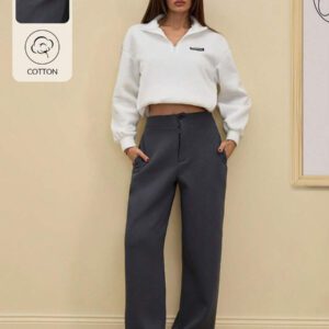 RueChic Pantalon de survêtement ample à jambes larges de couleur noire et grise, avec fermeture éclair avant et taille élastique