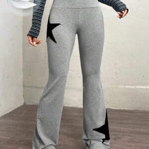 SHEIN EZwear Pantalon de survêtement décontracté à taille haute et évasé avec imprimé étoile pour femmes