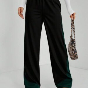 SHEIN Femmes, Automne, Pantalon de Survêtement, Noir, Vert, Ceinture Élastique avec Poches, Tissu Fin