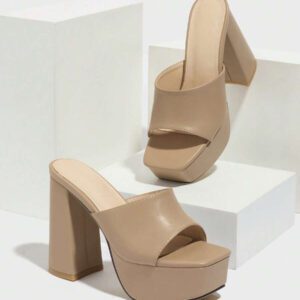 Mules à talon compensé épais et imperméables pour femmes, orteils ouverts. Talons hauts élégants en PU respirant pour soirée/mariage. Couleur abricot